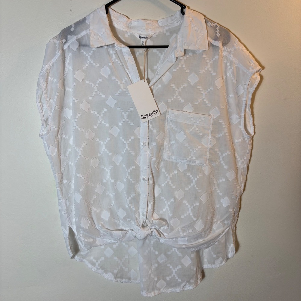 Splendid Collection Women's White Button‎ Down Top Sleeveless Tie Front